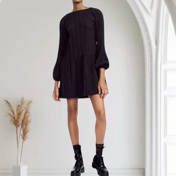 Maje Rockin Pleat Black Long Sleeve Shift Dress Sz M Upscale Loose Lagenlook Fun - Picture 1 of 12